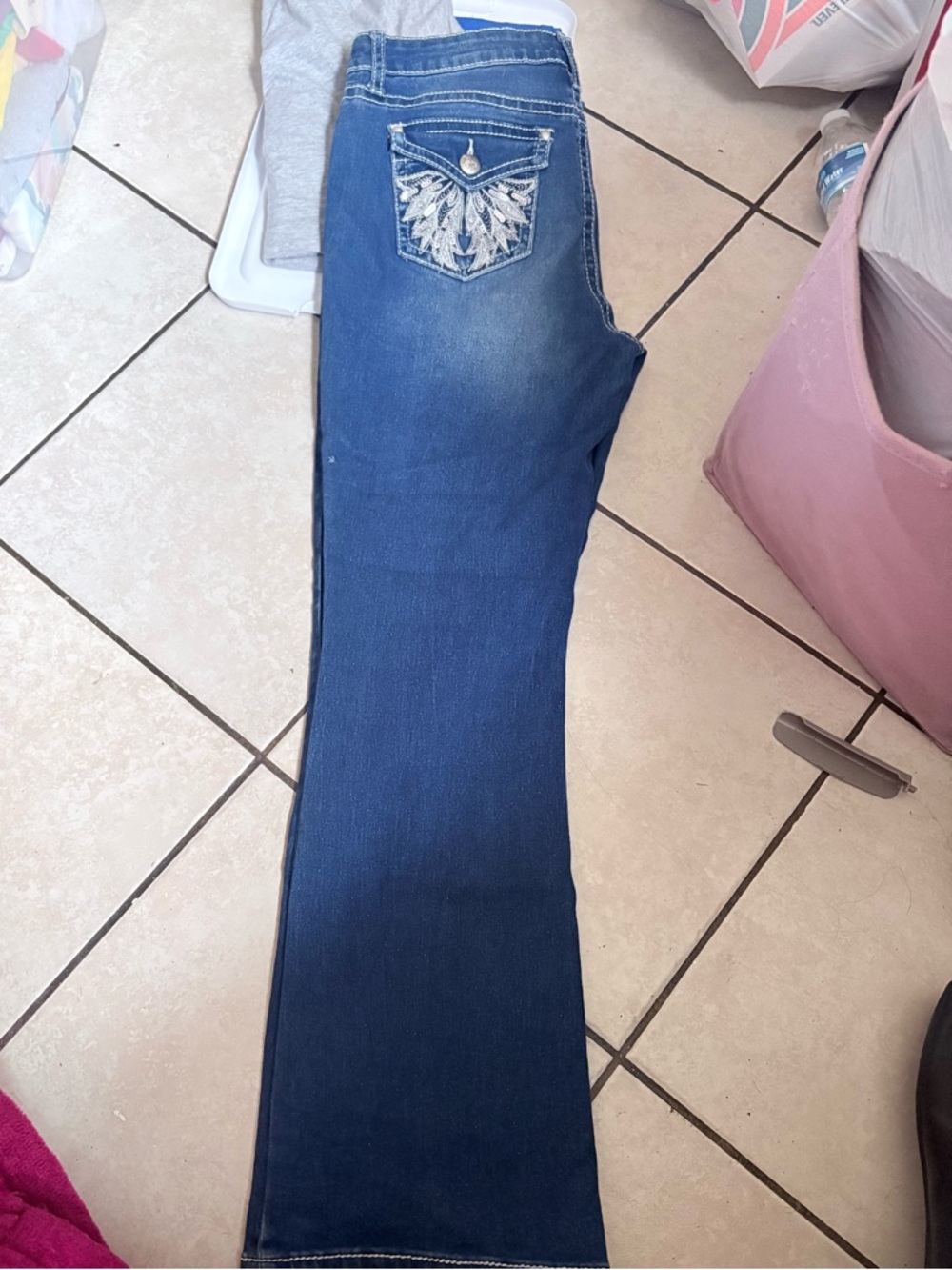 Dark Blue Flare Jeans with Embroidered Back Pocket